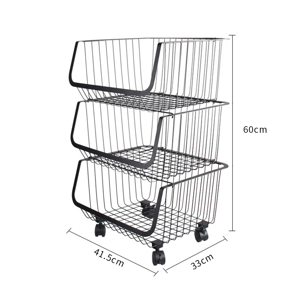 Iron Wire 3 & 4 Tier Fruit Vegetable Basket Storage Unit Stackable Trolley Rack