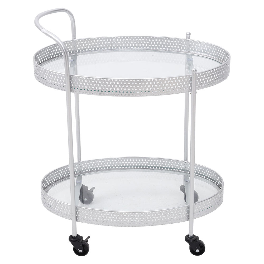 Drinks Trolley Silver Kitchen Serving Cart w/ Two Glass Shelves Mini Bar Drinks Table W/ Wheels