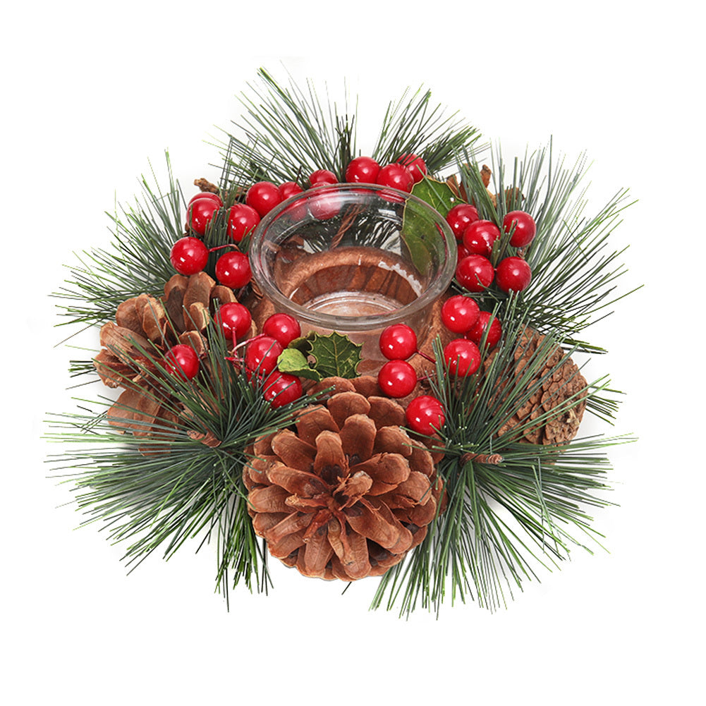 Christmas Rustic Handmade Candle Holder Pine Cone Berries Xmas Decor