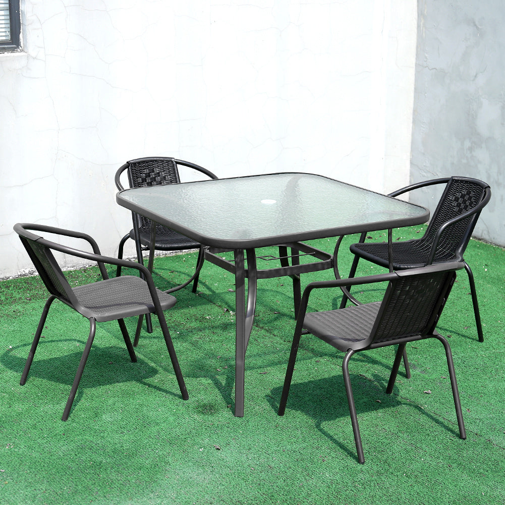 Garden Ripple Glass Square Table With Umbrella Hole, Black Table + 4 Chairs